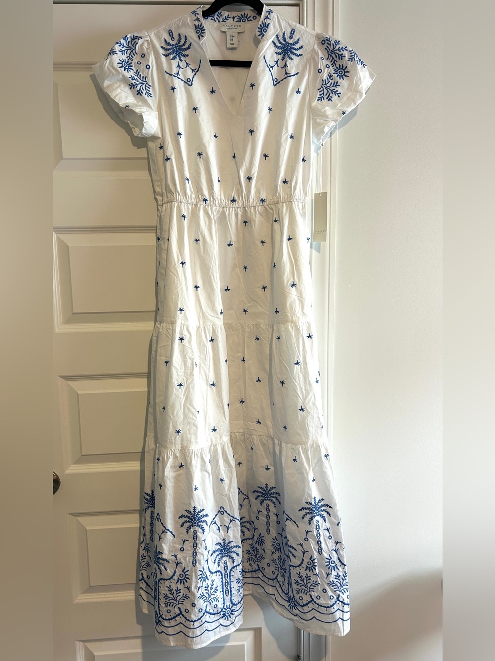 Calypso St. Barth White Maxi Dress with Blue Embroidery